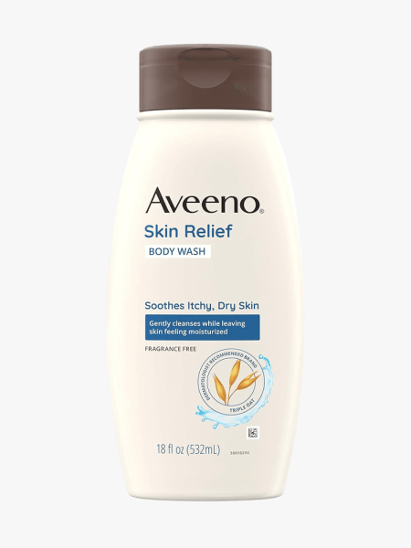 Aveeno Skin Relief Fragrance-Free Moisturizing Body Wash With Oat in branded component on a light gray background